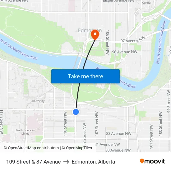 109 Street & 87 Avenue to Edmonton, Alberta map