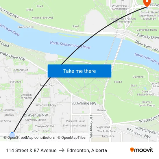 114 Street & 87 Avenue to Edmonton, Alberta map