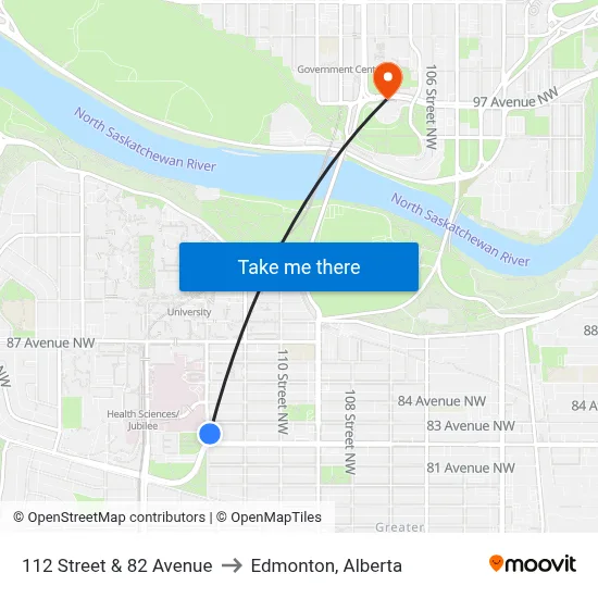 112 Street & 82 Avenue to Edmonton, Alberta map