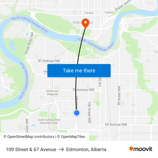109 Street & 67 Avenue to Edmonton, Alberta map