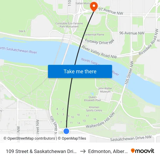 109 Street & Saskatchewan Drive to Edmonton, Alberta map