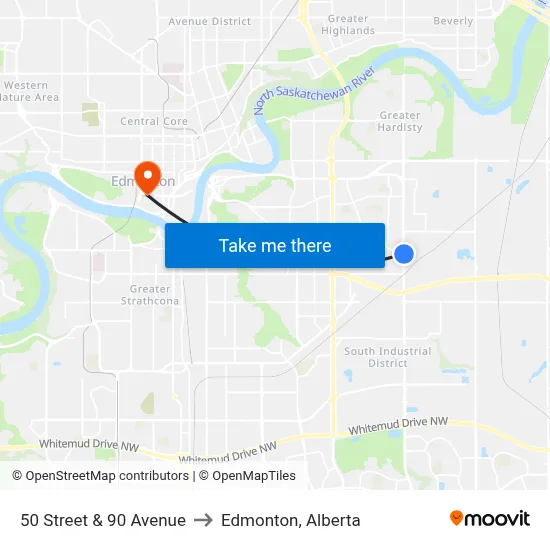 50 Street & 90 Avenue to Edmonton, Alberta map