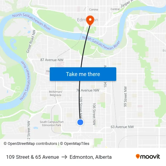 109 Street & 65 Avenue to Edmonton, Alberta map