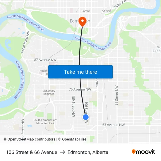 106 Street & 66 Avenue to Edmonton, Alberta map