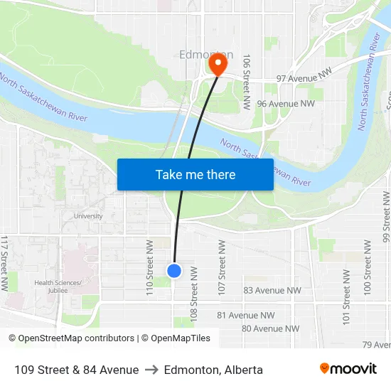 109 Street & 84 Avenue to Edmonton, Alberta map