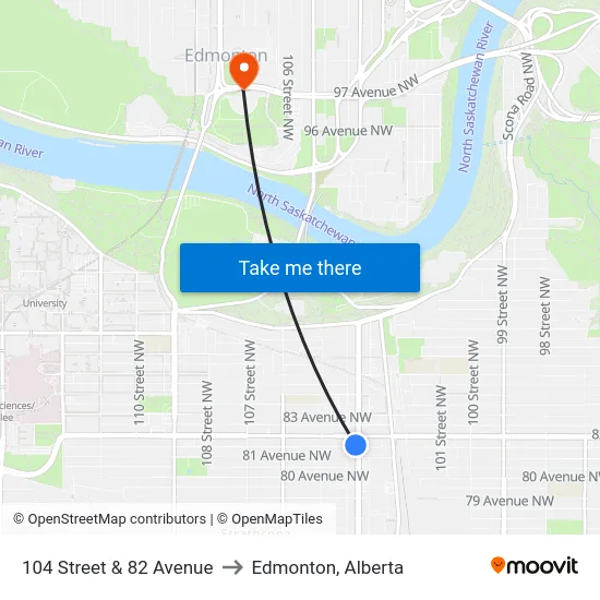 104 Street & 82 Avenue to Edmonton, Alberta map
