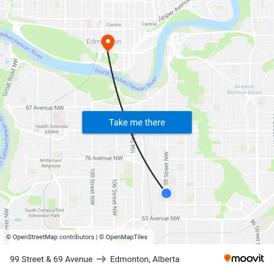 99 Street & 69 Avenue to Edmonton, Alberta map