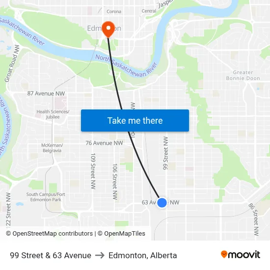 99 Street & 63 Avenue to Edmonton, Alberta map