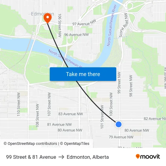 99 Street & 81 Avenue to Edmonton, Alberta map