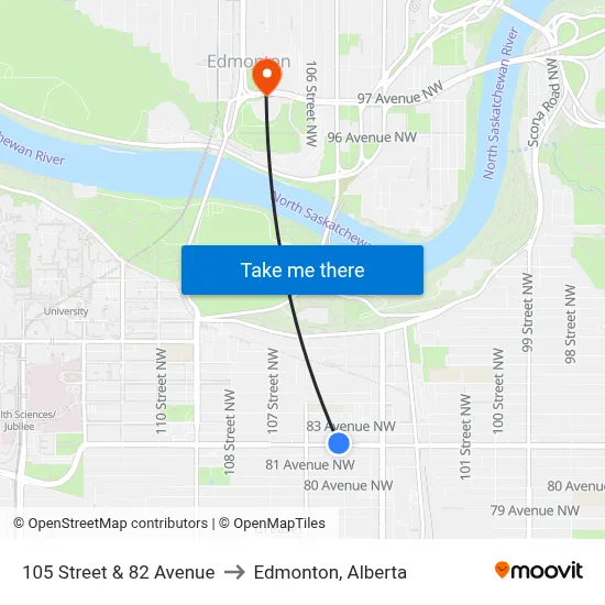 105 Street & 82 Avenue to Edmonton, Alberta map
