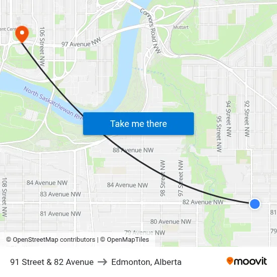 91 Street & 82 Avenue to Edmonton, Alberta map