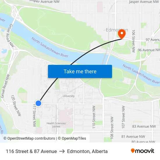 116 Street & 87 Avenue to Edmonton, Alberta map