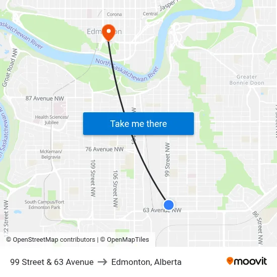 99 Street & 63 Avenue to Edmonton, Alberta map