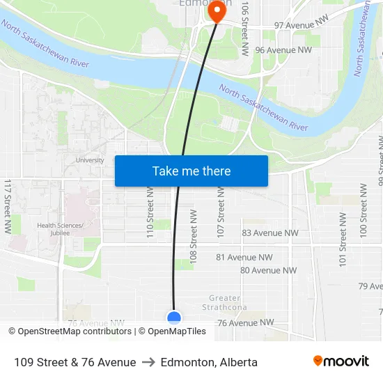 109 Street & 76 Avenue to Edmonton, Alberta map