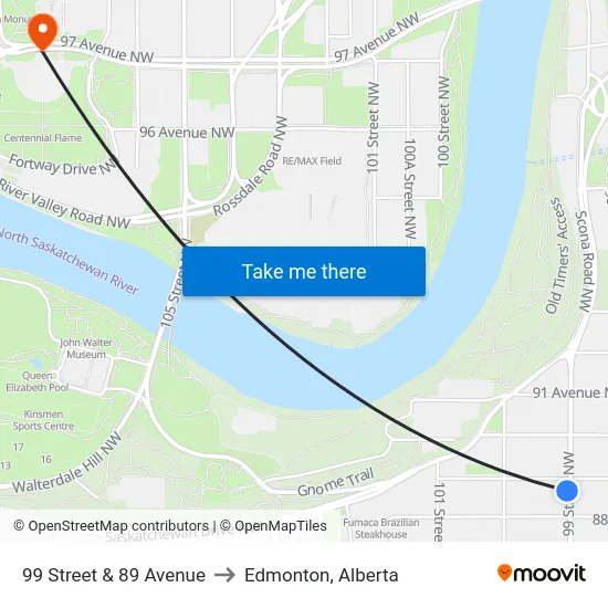 99 Street & 89 Avenue to Edmonton, Alberta map