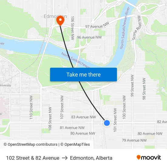 102 Street & 82 Avenue to Edmonton, Alberta map