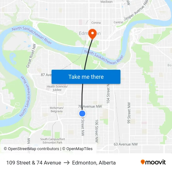 109 Street & 74 Avenue to Edmonton, Alberta map