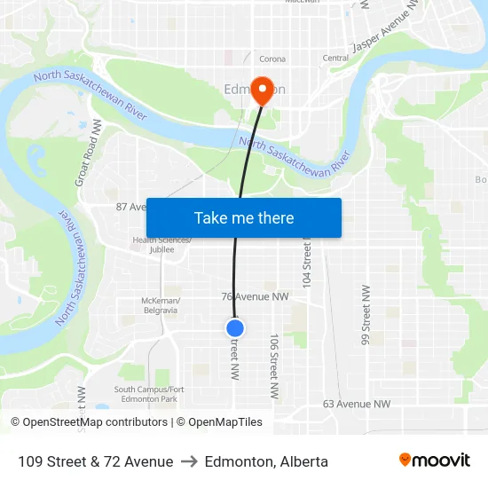 109 Street & 72 Avenue to Edmonton, Alberta map