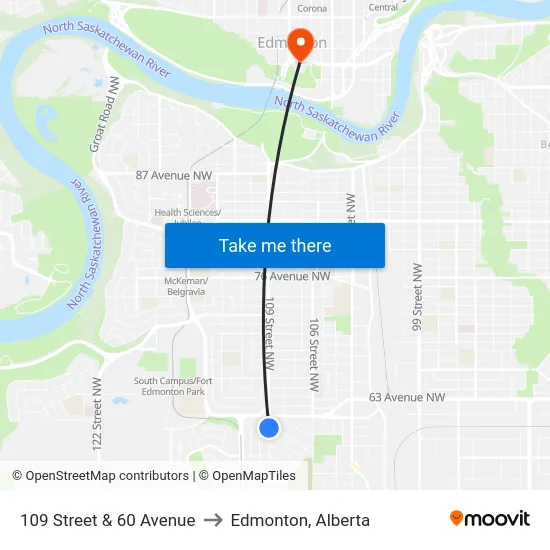 109 Street & 60 Avenue to Edmonton, Alberta map