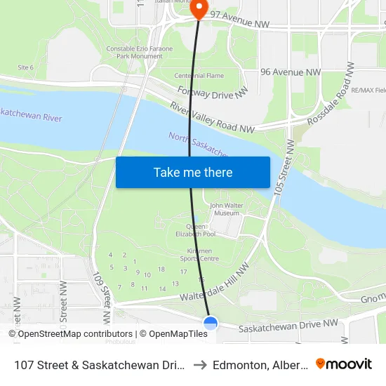 107 Street & Saskatchewan Drive to Edmonton, Alberta map