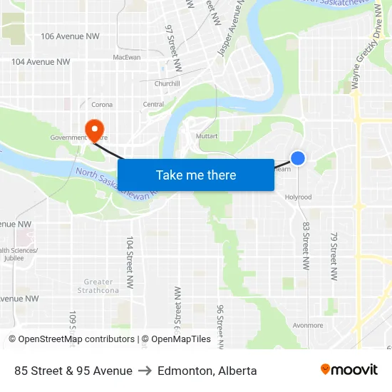 85 Street & 95 Avenue to Edmonton, Alberta map
