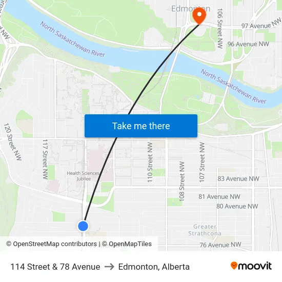 114 Street & 78 Avenue to Edmonton, Alberta map