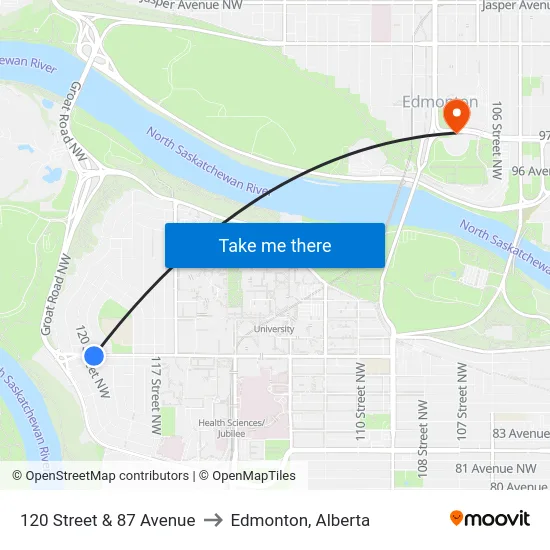 120 Street & 87 Avenue to Edmonton, Alberta map