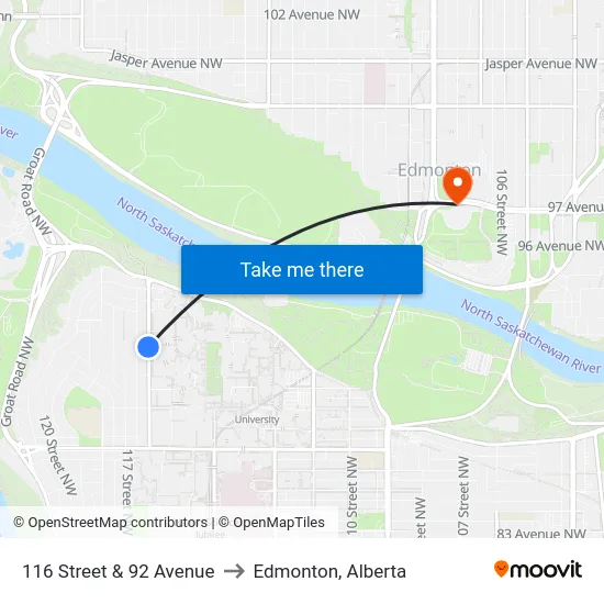 116 Street & 92 Avenue to Edmonton, Alberta map