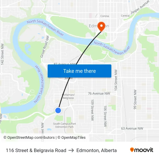 116 Street & Belgravia Road to Edmonton, Alberta map
