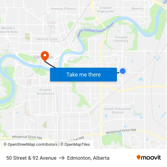 50 Street & 92 Avenue to Edmonton, Alberta map
