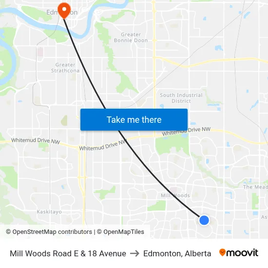 Mill Woods Road E & 18 Avenue to Edmonton, Alberta map