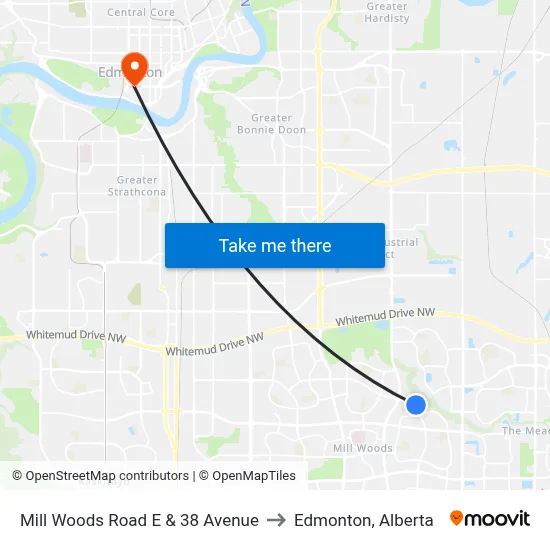 Mill Woods Road E & 38 Avenue to Edmonton, Alberta map