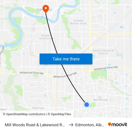 Mill Woods Road & Lakewood Road S to Edmonton, Alberta map