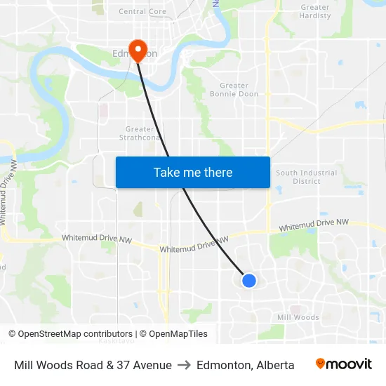 Mill Woods Road & 37 Avenue to Edmonton, Alberta map
