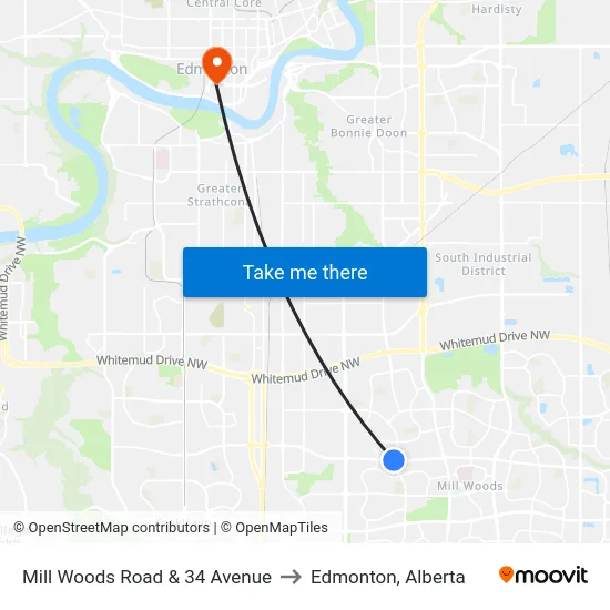 Mill Woods Road & 34 Avenue to Edmonton, Alberta map