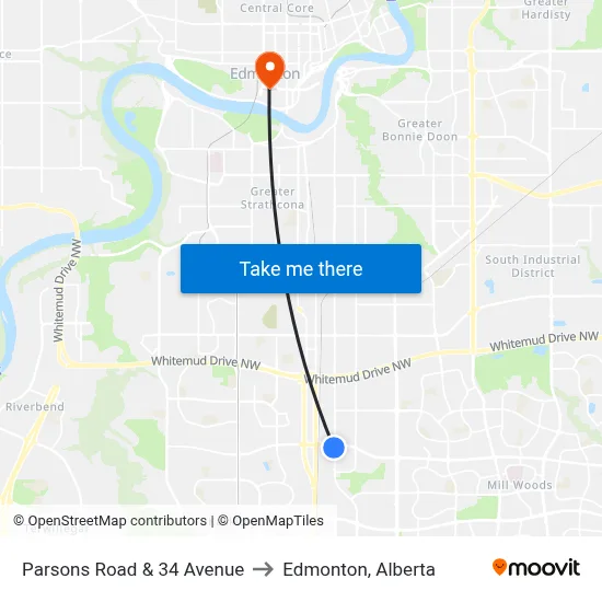 Parsons Road & 34 Avenue to Edmonton, Alberta map