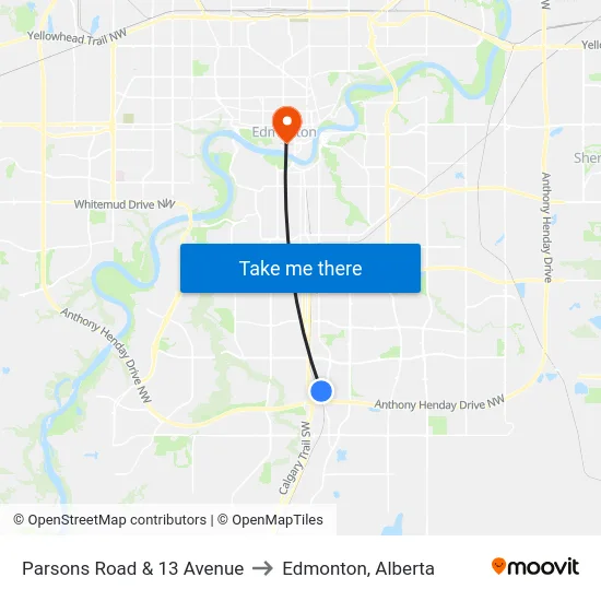 Parsons Road & 13 Avenue to Edmonton, Alberta map