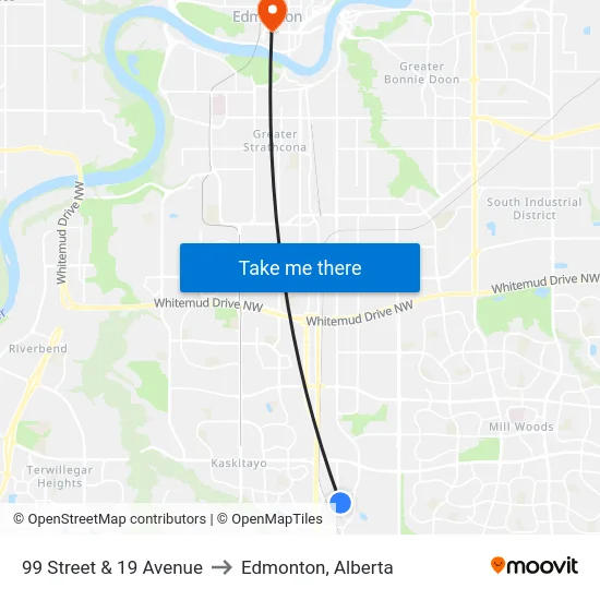 99 Street & 19 Avenue to Edmonton, Alberta map