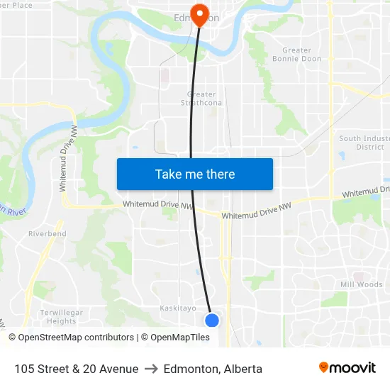 105 Street & 20 Avenue to Edmonton, Alberta map