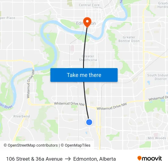 106 Street & 36a Avenue to Edmonton, Alberta map