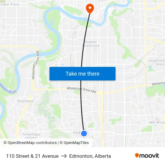110 Street & 21 Avenue to Edmonton, Alberta map
