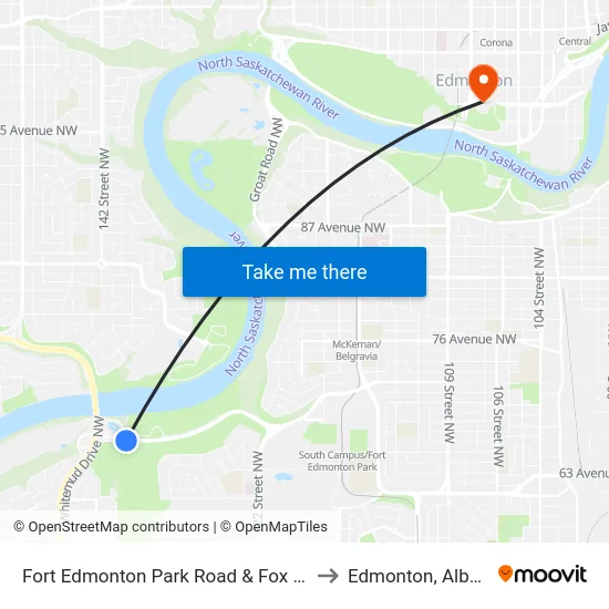 Fort Edmonton Park Road & Fox Drive to Edmonton, Alberta map