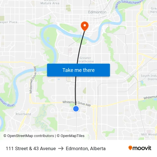 111 Street & 43 Avenue to Edmonton, Alberta map