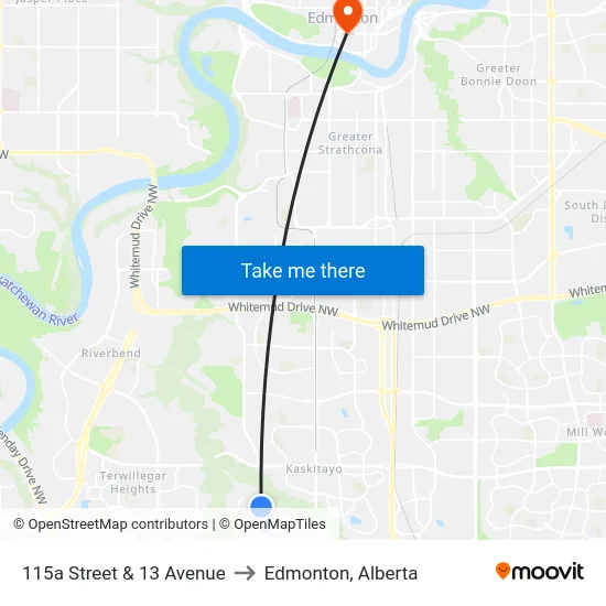 115a Street & 13 Avenue to Edmonton, Alberta map