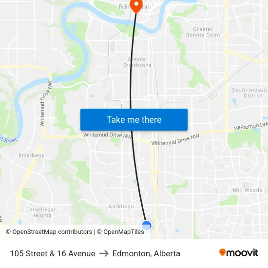 105 Street & 16 Avenue to Edmonton, Alberta map