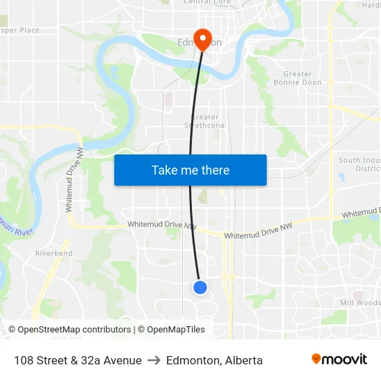 108 Street & 32a Avenue to Edmonton, Alberta map