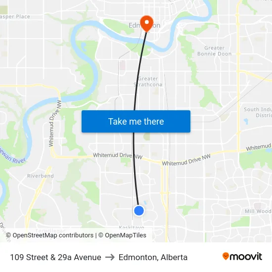 109 Street & 29a Avenue to Edmonton, Alberta map