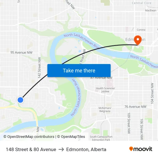 148 Street & 80 Avenue to Edmonton, Alberta map