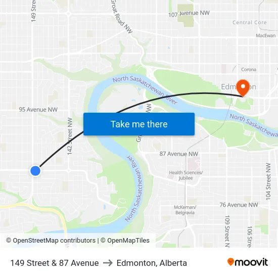 149 Street & 87 Avenue to Edmonton, Alberta map