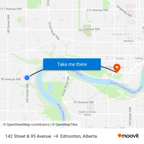 142 Street & 95 Avenue to Edmonton, Alberta map